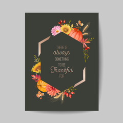 Thanksgiving day greeting, invitation card, flyer, banner, poster template. Autumn pumpkin, flower, leaves, floral design elements. Vector illustration