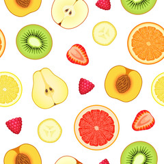 Seamless pattern with various sliced ripe fresh fruits and berries