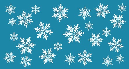  Snowflakes. Christmas blue background. Background template for winter, New Year and Christmas posters, greetings, invitations. Design holiday packaging, textiles and wrapping paper. Isolated. Vector