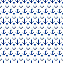 Fototapeta na wymiar Seamless pattern with watercolor navy blue anchor on white background. Hand drawn nautical (marine) template for design card, print, fabric, textile, wrapping paper, scrapbooking. Sea theme.