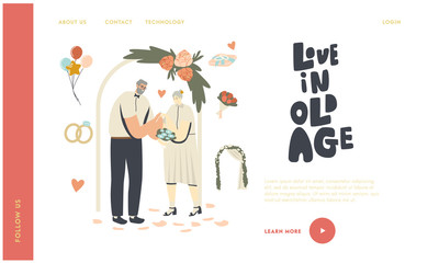 Senior Wedding Ceremony Landing Page Template. Happy Bridal Couple Get Married Changing Rings. Aged Bride and Groom