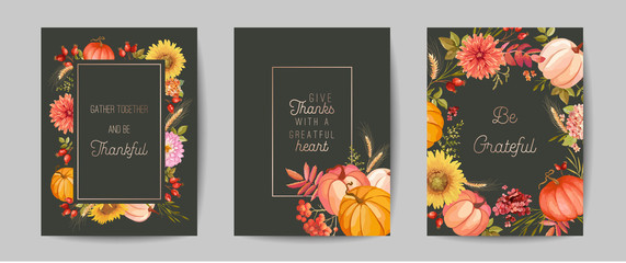 Set of Thanksgiving Day greeting, invitation card, flyer, banner, poster template. Autumn pumpkin, flower, leaves, floral design elements. Vector illustration