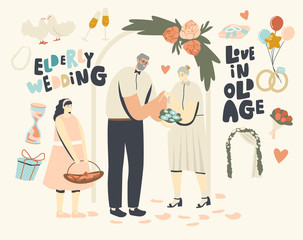 Senior Characters Wedding Ceremony. Happy Bridal Couple Man and Woman Get Married Changing Rings. Aged Bride and Groom