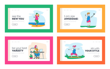 Fototapeta premium Bodypositive, Beauty, Dieting Landing Page Template Set. Plus Size Women Lifestyle. Fatty Female Characters Working