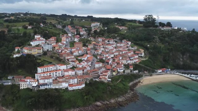 Lastres. Beautiful coastal village in Asturias. Colunga, Spain. Aerial Drone Footage