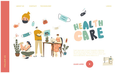 Homemade Diy Protective Mask Creation against Covid19 Landing Page Template. Characters Sewing Medical Masks at Home