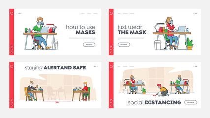 Fototapeta premium Social Distancing Landing Page Template Set. Office Characters in Medical Masks Work on Laptops. People Eating in Cafe
