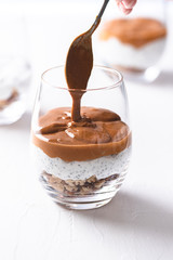Yogurt with chia, peanut cream and nuts jars.