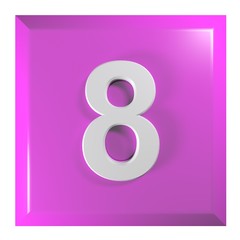 Number 8 purple pink square button on white background - 3D rendering illustration
