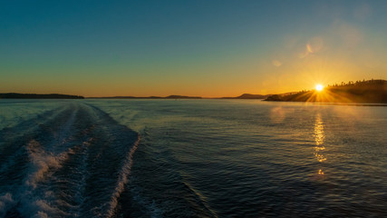 Boat Wake Through Rosario Strait, Washington, at Sunset
