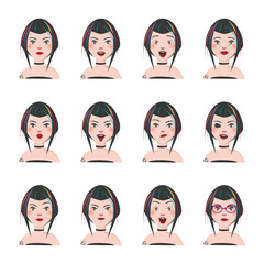 Set of Punk with Piercings and Tattoos Women Portraits with Twelve Different Emotions; Idle, Smiling, Crying, Sad, Angry, Blink, Happy, Surprised, Kinky, with Glasses, etc