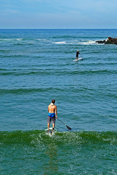 Men paddle-boarding on sea, Barra da Tijuca, Rio