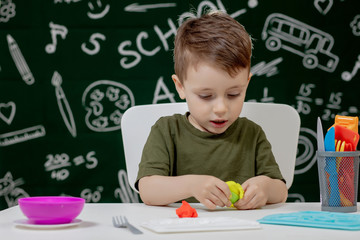 Cute little boy moulds from plasticine on table with a blackboard on a background. Ready for school. Home schooling. Back to school