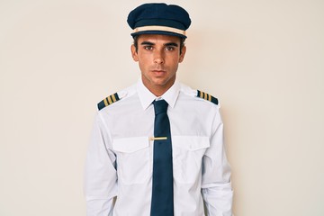 Young hispanic man wearing airplane pilot uniform relaxed with serious expression on face. simple and natural looking at the camera.