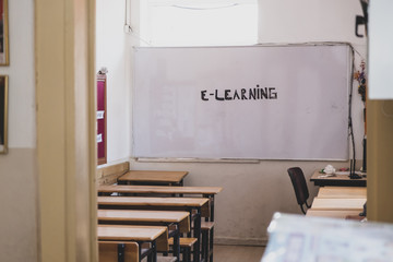 e-learning writing on the blackboard in the empty classroom