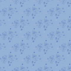 New Year 2021. Seamless pattern with horned animals - a cute bull in New Years clothes and a cow. Blue contour line on a light blue background. Vector. For festive design and decoration, packaging