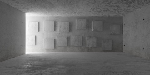 Abstract empty, modern concrete room with indirect lighting from side wall and square pattern backwall - industrial interior background template