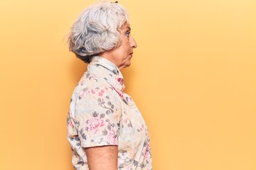 Senior grey-haired woman wearing casual clothes looking to side, relax profile pose with natural face with confident smile.