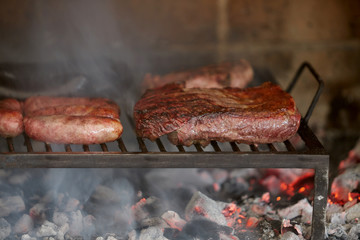 Ready barbecue grilled beef steak on barbecue.space for text. cooking concept