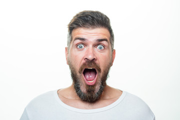 Shocked bearded man with surprise expression, wow amazed excited face. Emotions people concept.