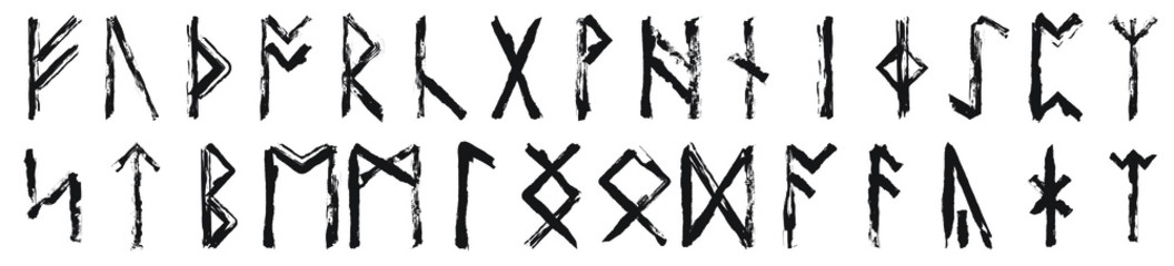 Set of the Anglo-Saxon runes. Runes used by the early Anglo-Saxons as an alphabet in their writing system. Black ink handwriting. Vector	