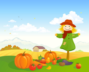 Farm harvest scene with a cute scarecrow