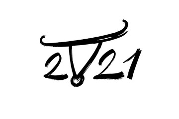 2021 design template for new year black and white. Brush and ink lettering. Stylized bull - a symbol of the Chinese New Year