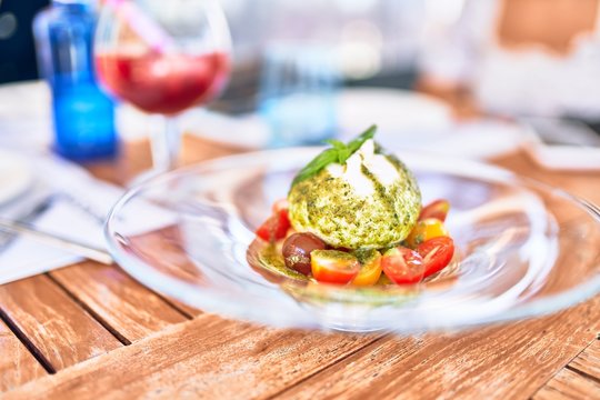 Delicious dish of tomato and burrata cheese salad