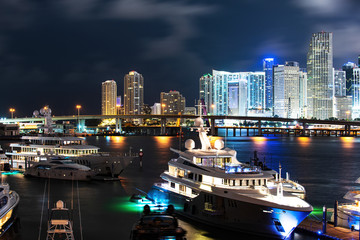 Yacht or boat next to Miami downtown. Miami skyline.
