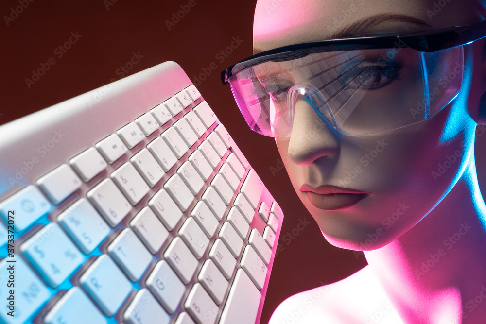 Poster cyborg production. cyborg face similar to human. woman robot face close up. concept robot production