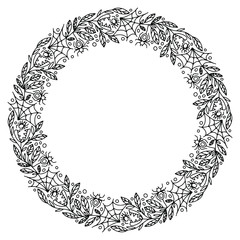 halloween wreath with spiders and abstract plants with cobwebs drawn for coloring on a white background, vector