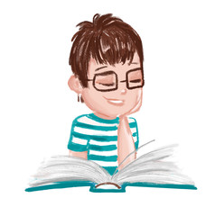 illustration of a young boy with glasses reading a book isolated on white background