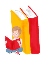 illustration of a young blond boy reading a book leaning on two large scaled books