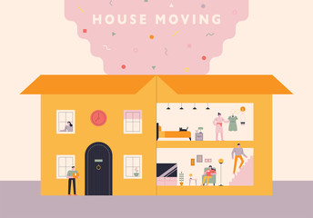 Moving day. House is contained in a huge box. flat design style minimal vector illustration.