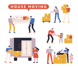 Moving day. Families are loading boxes and furniture on trucks. flat design style minimal vector illustration.