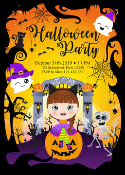 Halloween Party Design template with witch girl and friends