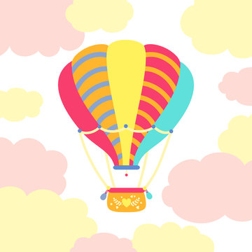 Hot air balloon flat decoration. Retro colored transport. Cartoon Valentine day or birthday, design air balloon. Festivals, summer wedding journey air transport. Vector Isolated illustration