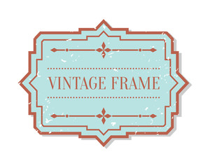 Closeup flat vintage colored label with grunge decorative element. Package sticker frame text template. Retro shape border banner, menu design. Single vintage badge isolated vector illustration