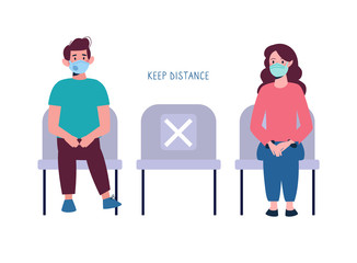 Children keep their distance, sit in line. A socially safe distance between boy and girl on the bench, so as not to spread the virus, COVID-19 coronavirus. Vector illustration, cartoon style