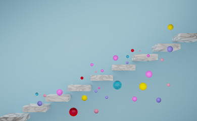 stair with geometric shapes and colorful balls in sky blue pastel composition for modern stage display and minimalist mockup ,abstract showcase background ,Concept 3d illustration or 3d render