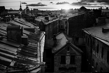 Black and white photo, view of the roof of Sankt Petersburg during nights.