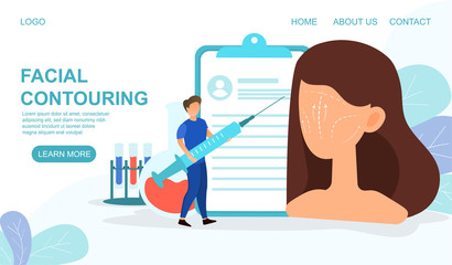 Plastic Surgery web page template for facial contouring showing young woman and surgeon with hypodermic, colored vector illustration