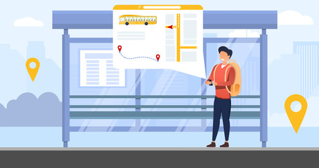 Bus tracking system with person waiting at at the bus stop tracking the vehicle on an online transport app, colored vector illustration © Rudzhan