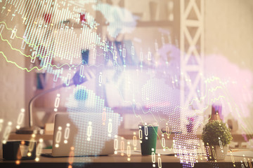 Double exposure of stock market graph drawing and office interior background. Concept of financial analysis.