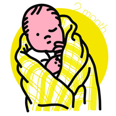 2month-黄色いチェックのスワドルに巻かれているウインクしている赤ちゃんのイラスト	