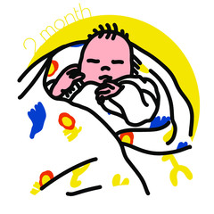 2month-柄付きのスワドル、おくるみに巻かれて寝ている赤ちゃんのイラスト