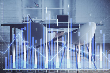 Multi exposure of financial graph drawing and office interior background. Concept of market analysis.