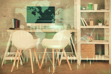 Multi exposure of stock market chart drawing and office interior background. Concept of financial analysis.