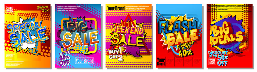 Comic book style fashion sale template. Cartoon social media post design. Abstract comics premium vector bundle.