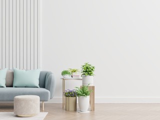 Empty living room with blue sofa, plants and table on empty white wall background.